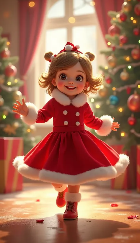 A baby girl wearing a festive Christmas outfit, dancing joyfully in a lively setting. She is twirling on her toes with her red dress and white fur trim flowing gracefully, surrounded by holiday decorations like a Christmas tree, colorful lights, and orname...