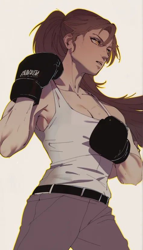 black hair,masterpiece,best quality,highres,ultra-detailed,aashizue,yellow eyes,long hair,cargo pants,(tank top:1.2), boxing gloves,cleavage,toned, sweating, (sleeveless:1.4),cowboy shot,