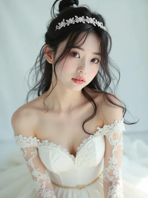 Photorealistic, (masterpiece), (Best Quality), (Super detailed), (messy hair ), ( A Japanese girl ), (White lace, wedding dress, bale, tiara, diamond accessories), sitting,  fashion model , (simple White background),  more beautiful and delicate eyes than ...