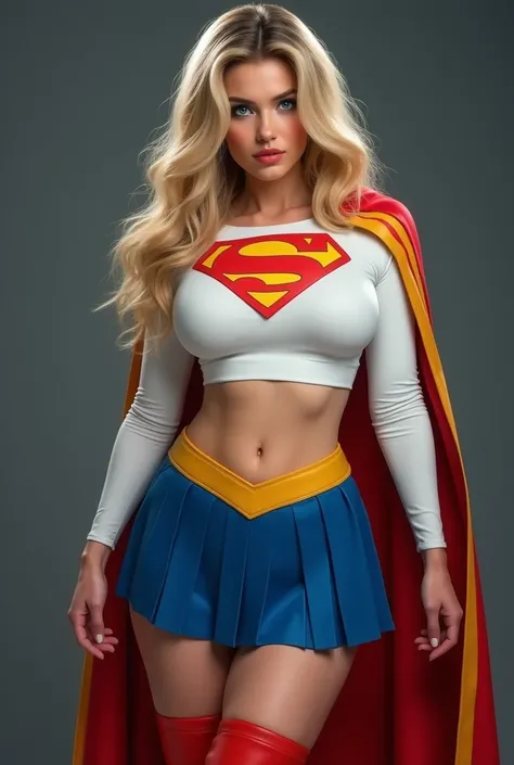 Full view of A SEXY CURVY FEMALE WITH DARK BLUE EYES AND MEDIUM MESSY GOLDEN BLONDE HAIR WEARING A CLASSIC WHITE SUPERGIRL LONG SLEEVED CROP TOP COSTUME, A SHORT BLUE PLEATED SKIRT WITH A YELLOW SUPERGIRL BELT, RED HIGH HEELED SUPERGIRL BOOTS, AND SHORT RE...