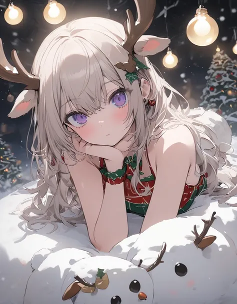  masterpiece、1 female, Cute Hairstyle ,  Cool Look, Christmas Bikini、whole body, ,  (( Elk Headpiece )),  Christmas Tree Background 、Christmas Light Bulb 、snowman、Sit on a gift box