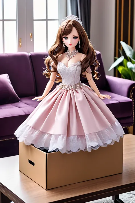 Unboxing real doll. the doll in the box, fully clothed, wearing luxury dress. the box is on the table of living room,