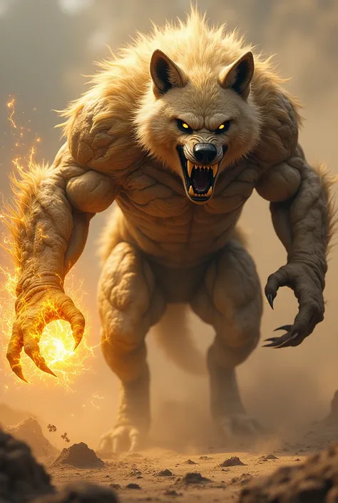 "Create a terrifying hybrid creature combining the raw strength and resilience of Iron Fist and the brutal ferocity of a hyena. The creature has Iron Fists glowing, golden fist, capable of unleashing devastating power, but its body is that of a powerful, m...