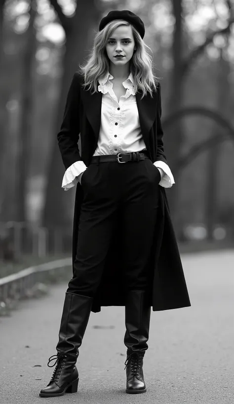 Black and White photographic, Front view, Full body , standing stylish model pose,  on ground, 1930 years fashion , female spy name is Mata Hari, American Actress is  Emma Watson, 30-age, blond classic hair,  dressed in male attire, black jacket,  pants, l...