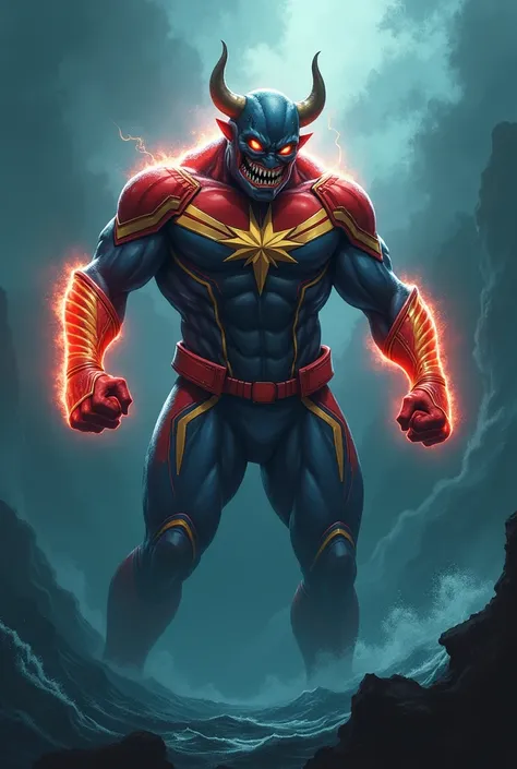 "Create a terrifying hybrid creature combining the strategic genius and strength of Captain Marvel and the brutal, relentless nature of a bull shark. The creature has Captain Marvel’s glowing, energy-charged suit, but its body is that of a massive, muscula...