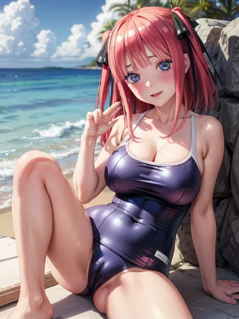 best quality, masterpiece,1 female, large breasts, blush, cheerful eyes, one-piece swimsuit, old school swimsuit, shameless pose, nino nakano, pussy,