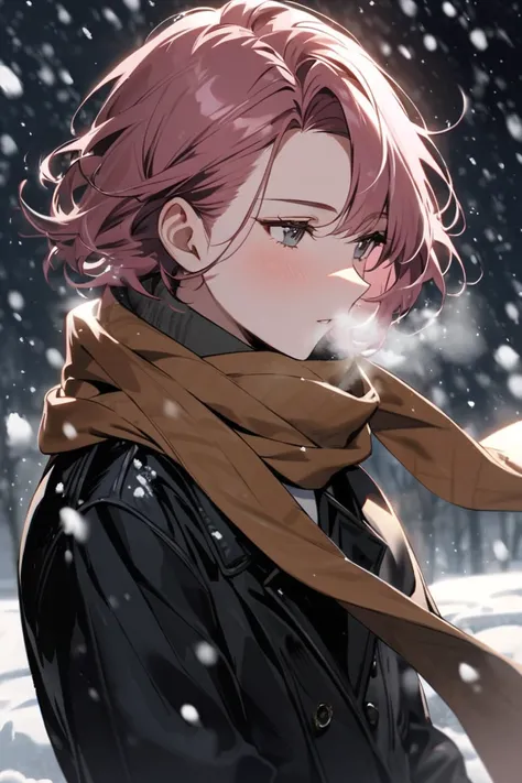 Handsome, solo, beautiful, dark pink hair, hairstyle that shows his forehead, short hair, he wears a scarf around her neck, wears a black coat, has white breath, snow is falling, and her hair on the side is blowing in the wind.