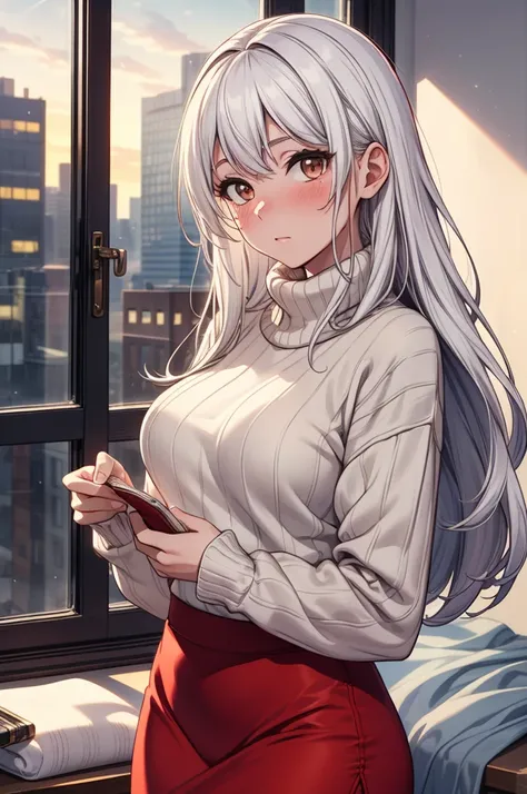 ((masterpiece, best quality:1.3, high detail)), beautiful woman, looking at viewer, long hair, (white hair), full-face blush, solo focus, one person, (oversized sweater, white sweater, (long red skirt)), pencil skirt, (indoors, bedroom, window, nighttime, ...