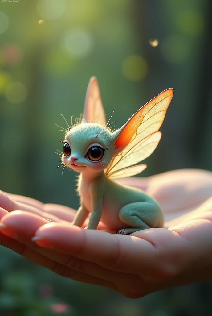 Tiny Pixie with wings: A delicate, two-inch-long Pixie with wings curled up in a human hand. The background is a blurred autumn forest with vibrant green and purple leaves. ((Ultrarealism)).