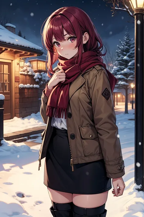 ((masterpiece, best quality:1.3, high detail)), beautiful woman, looking at viewer, long hair, (maroon hair), full-face blush, solo focus, one person, (brown jacket, white blouse, red scarf, (long black skirt)), long pencil skirt, boots, outdoors, (night s...