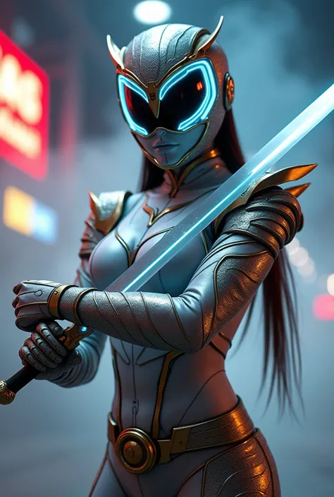 **Prompt para imagem:**  

Create a female Power Ranger inspired by an owl, showcasing a futuristic female combat suit with a detailed and elegant design. The female costume combines shades of gray,  white and brown , with gold and silver details that refl...