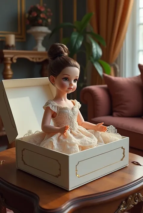 Unboxing real doll. the doll in the box, fully clothed, wearing luxury dress. the box is on the table of living room,