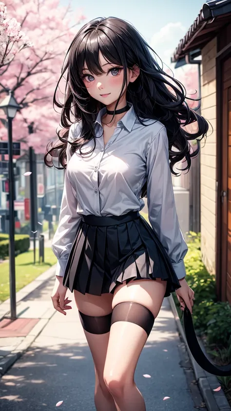 (( best quality )), (( masterpiece )), (Detailed), ( Black pleated skirt for students ,  dynamic lighting , movie lighting), 動漫wind格, Cute Japanese girl,  big breasts ,  seen from above,  looking at the viewer ,  wind ,  perfect body structure ,  White col...