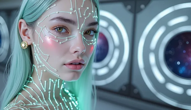 Stunning young Caucasian ((18 years old)) With long green hair in close-up ,  gold latex clothing with hundreds of red LED light spots with several electronic circuits connected by thin apparent wires illuminated in the color green,  several spot lights on...