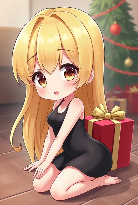 Pretty little chibi with a sexy tight short black kiss who is lying on the floor looking a little to the side and who has a Christmas present on her back, Her long straight blonde hair  , that you are happy 