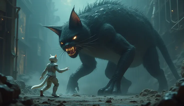 
"A terrifying giant monster resembling a distorted version of Tom Cat, with glowing eyes and a menacing appearance, engaged in a fierce battle with a sleek white cat. The white cat is wearing a futuristic uniform made of sodium-like glowing material, stan...