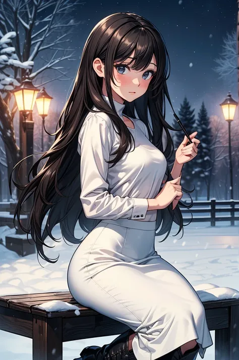 ((masterpiece, best quality:1.3, high detail)), beautiful woman, looking at viewer, long hair, (dark brown hair), full-face blush, solo focus, one person, (white blouse, ((long black skirt)), long pencil skirt, boots, outdoors, (night sky, snow), (lower bo...