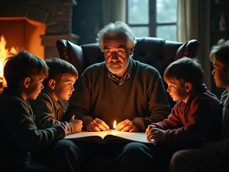 Give me a grandfather who has just finished a story and the grandchildren are very scared 