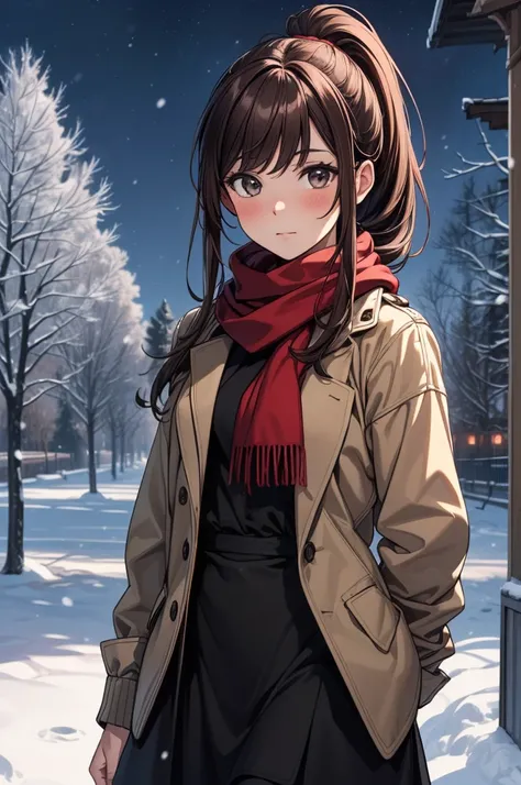 ((masterpiece, best quality:1.3, high detail)), beautiful woman, looking at viewer, long hair, (dark red brown hair, ponytail hair), full-face blush, solo focus, one person, (brown jacket, white blouse, red scarf, ((long black skirt)), long pencil skirt, k...