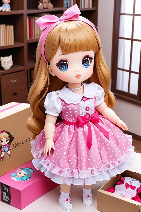 Unboxing real doll. the doll in the box, bimbo body style, fully clothed, wearing bimbo dress. the box is on the table of living room,