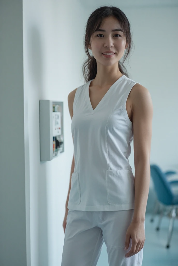 beautiful athletic mid 30s thai female nurse wearing sleeveless scrubs taking a break in hospital. thick upper arms. smiling. photograph