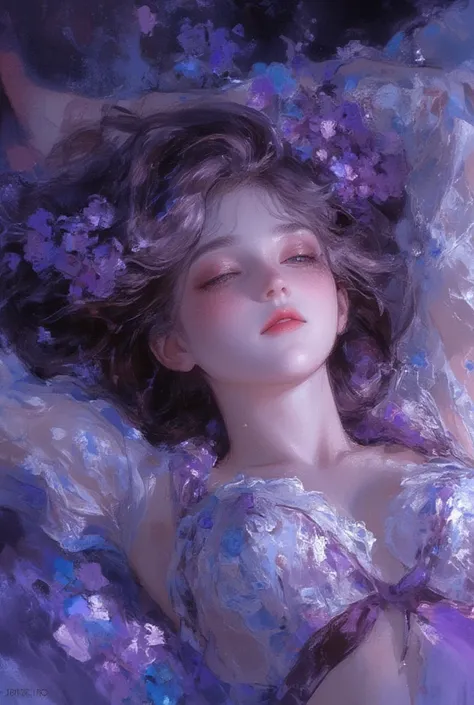 colorful watercolor painting.a woman,lying gracefully.flowing lavender hair.a serene expression.She wears delicate, clothing adorned with floral patterns.beauty and dreamlike tranquility, oil painting, a detailed painting, ink artistic conception, real pai...