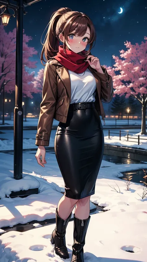 ((masterpiece, best quality:1.3, high detail)), beautiful woman, looking at viewer, long hair, (dark red brown hair, ponytail hair), full-face blush, solo focus, one person, (brown jacket, white blouse, red scarf, (long black pencil (skirt)), long leather ...