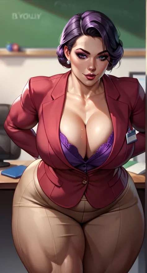 Woman, 37 years old. 6ft 4in in tall,  255lbs weight. Strong, upright back. Good posture. Chubby but toned thighs, strong hip adductor and hip abductor muscles. Wide hips, big butt. 80s business attire. Maroon blazer with padded shoulders and snug maroon c...