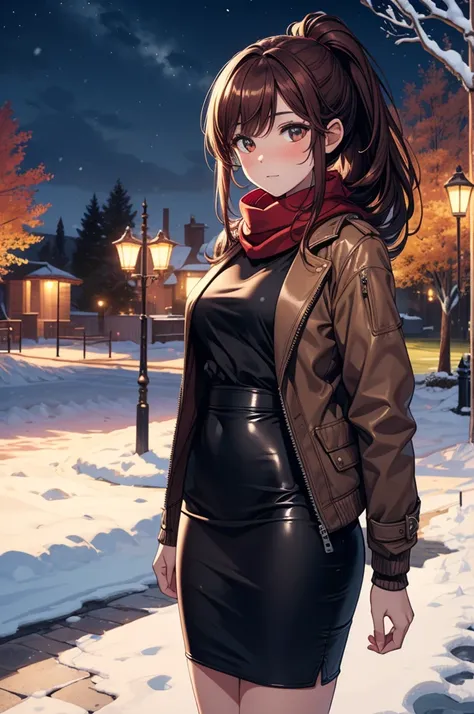 ((masterpiece, best quality:1.3, high detail)), beautiful woman, looking at viewer, long hair, (dark red brown hair, ponytail hair), full-face blush, solo focus, one person, (brown jacket, white blouse, red scarf, (long black pencil (skirt)), long leather ...