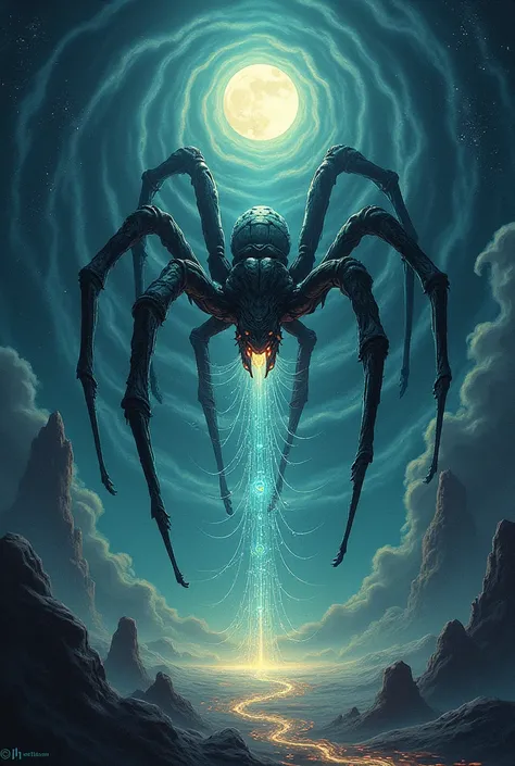 *Scene 3: The spider matriarch weaving her web*
Image prompt: A mystical illustration of the spider matriarch sitting at the center of a glowing, ethereal web, surrounded by stars and moonlight, as she weaves the threads of fate.
