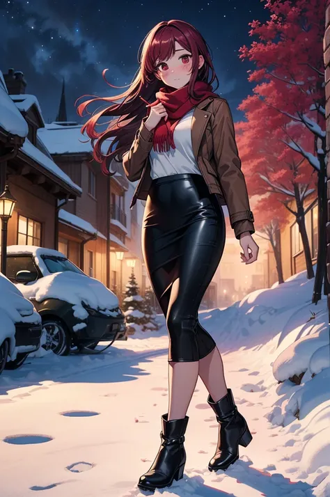 ((masterpiece, best quality:1.3, high detail)), beautiful woman, looking at viewer, long hair, (maroon hair), full-face blush, solo focus, one person, (brown jacket, white blouse, red scarf, (long black pencil ((skirt))), long pencil skirt, boots, outdoors...