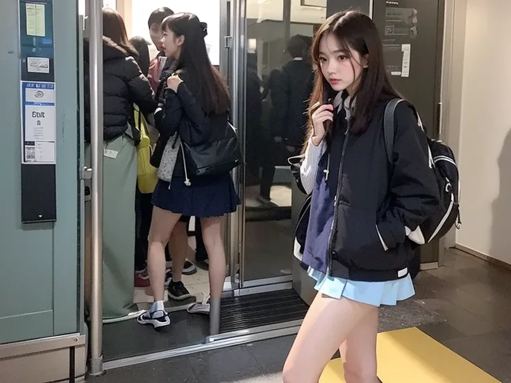 There are only women with slim legs and mini skirts above the knee at women-only stations 。Cute female college students with gorgeous legs in summer clothes and mini skirts above the knee are walking briskly around the home。