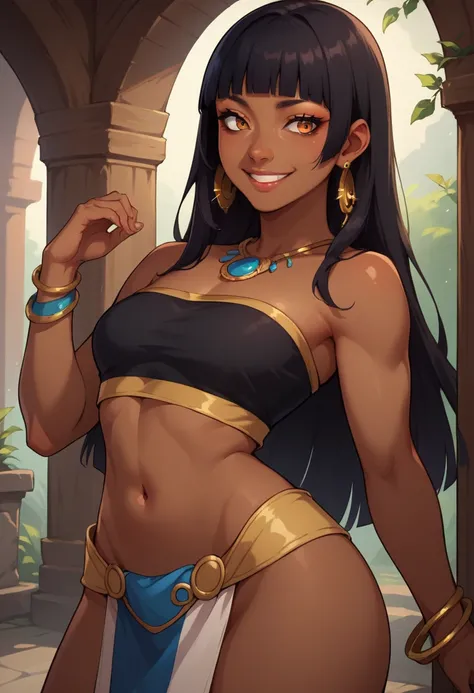 score_9, score_8_up, score_7_up, source_anime BREAK 1girl, solo, 1girl, solo, long hair,smile, bangs, black hair, navel, bare shoulders, jewelry, earrings, midriff, dark skin, blunt bangs, bracelet, dark-skinned female, lips, crop top, hand on hip, straple...