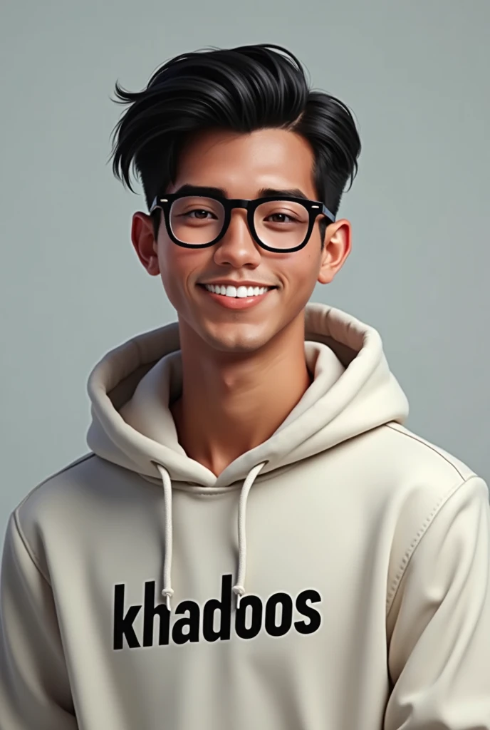 (Handsome guy)(cute smile)( Sharp eyebrow)( Specs)(write khadoos on over size hoodie)Solo, Black Hair, Sparkling Eyes, Raised Eyebrow, Digital Art, Portrait Photography, 