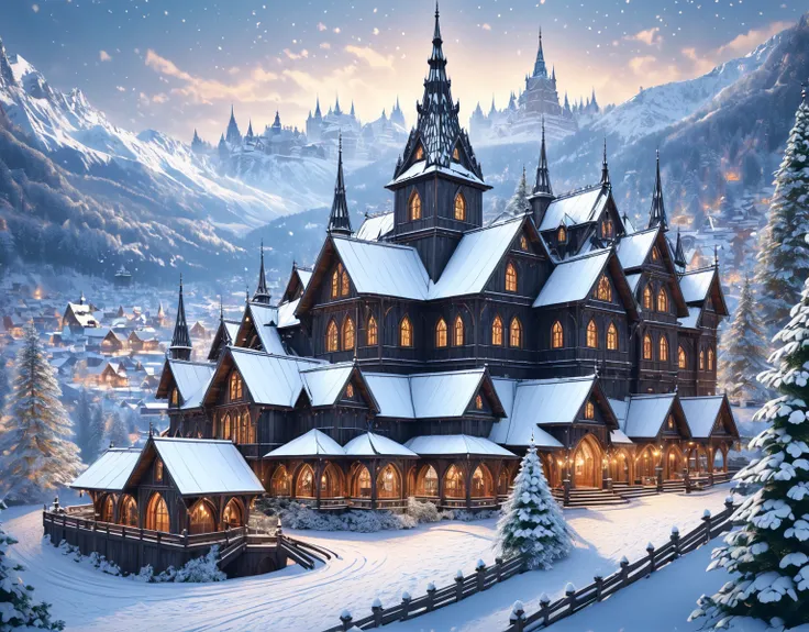 A beautiful castle on a snowy fjord overlooking mountains. Victorian Christmas, Scandinavian stave church. Snow trees, magic.  Official Art –  An Award-Winning Digital Masterpiece In 4K Ultra HD, Extreme Detail And Intricate Realism. Symmetrical Face. This...