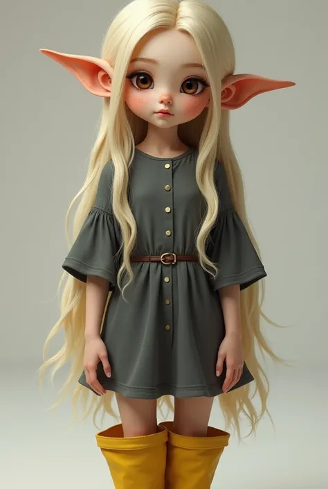 (masterpiece:1.4)  A girl (From 10:1.4) Elf ears long hair light blonde silky hair very long and silky hair height 1 ,35m plump cheeks dark brown eyes upturned nose white skin visible pores visible freckles on the face visible large wide short sleeve blous...