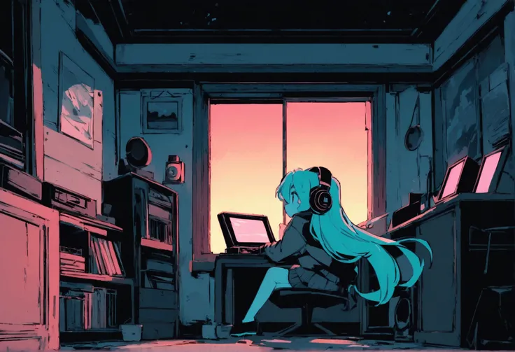 Hatsune Miku is listening to music with headphones。A one-room apartment with soft light coming in through the window and a beautiful night view、A vintage wave and cyberpunk atmosphere spreads。A 2D art style with added noise like a movie、Old anime-style tex...