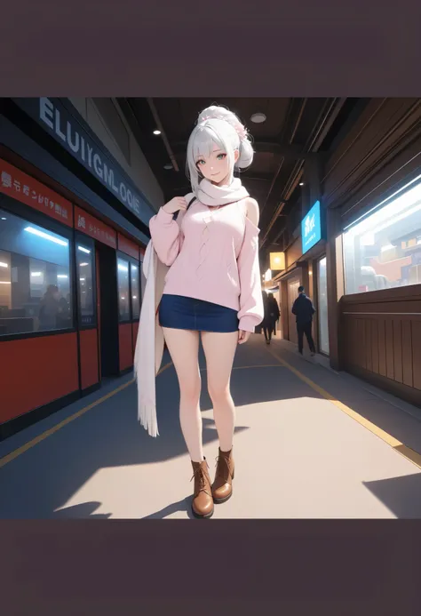 white fluffy long scarf, amazing detailed, masterpiece, amazing quality,