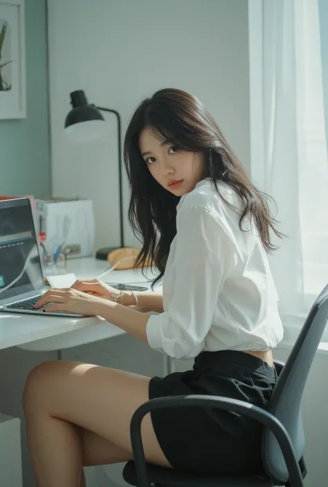 Candid photo of a beautiful Asian woman in a very short black skirt, showing her sexy thighs, wearing a tight white shirt, working on a laptop at a desk in an office.