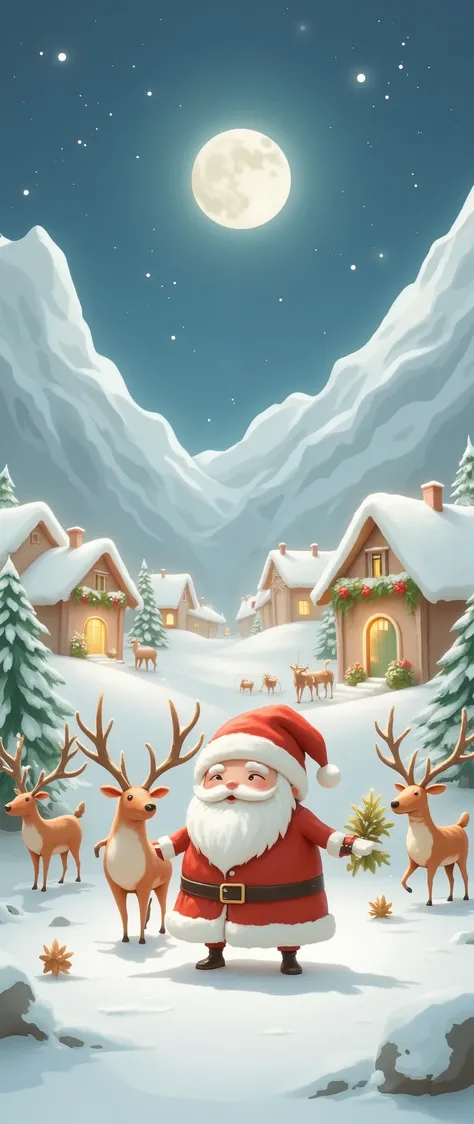 (masterpiece:1.2, top quality),( very detailed), Best Illustration ,8k,16k,  Santa Claus Village ,beautiful, reindeer, Santa Claus, Santa Claus House ,( Cute Designs),(night),( Clean Decor )