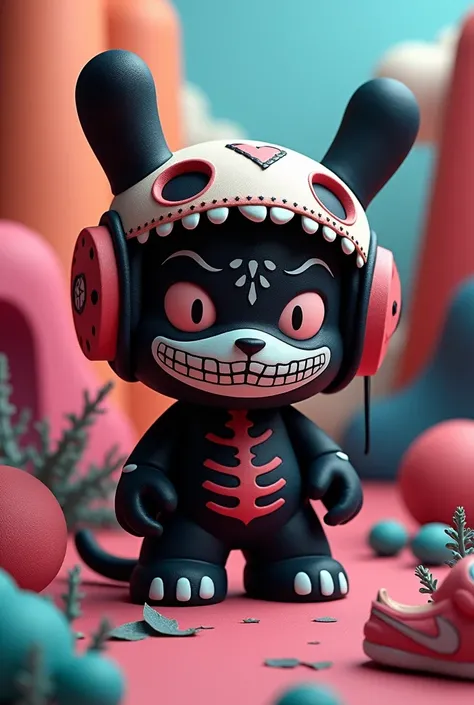   Vinyl toy of a cute and adorable black cat that wears a  ((helmet shaped like a dinosaur skull sugar skull))  Day of the Dead tennis Jordan grande  , Synthetic and rounded shapes     , Dunny     , Funky punky     , art toy