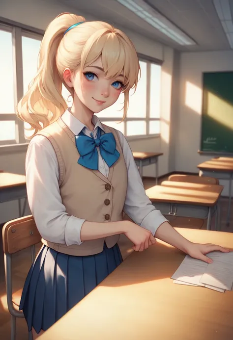 A young anime girl with blonde hair tied in a high ponytail with a blue ribbon, wearing a Japanese school uniform (white shirt, beige vest, blue bowtie, and navy skirt), standing in a classroom with sunlight streaming through the windows. The scene has a w...