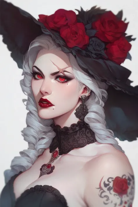 very pale Woman. white skin. White hair. red eyes. dark red lips. serious and confident look. victorian gothic style. scar on her eye. beauty mark. tattooes. vampire. sharp features.