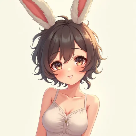  blush,  corto,  Closed mouth ,  Untidy hair ,  curly hair ,  big breasts (not so exaggerated), rabbit ears ,  animated,gruesita, 