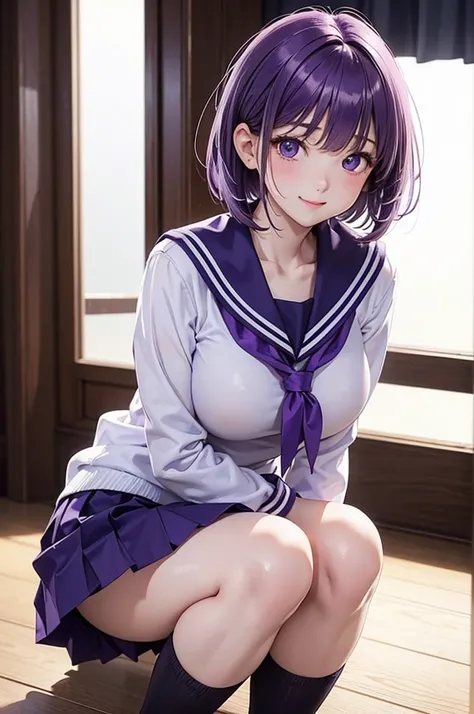  Best Quality , high definition ,8k, (a pure white background), (no details), (no scenery), (completely blank background),( masterpiece :1.2), pretty girl,Big Breasts,( glossy purple hair:1.3),(short hair),bob cut,Beautiful purple eyes,break, winter,  scho...