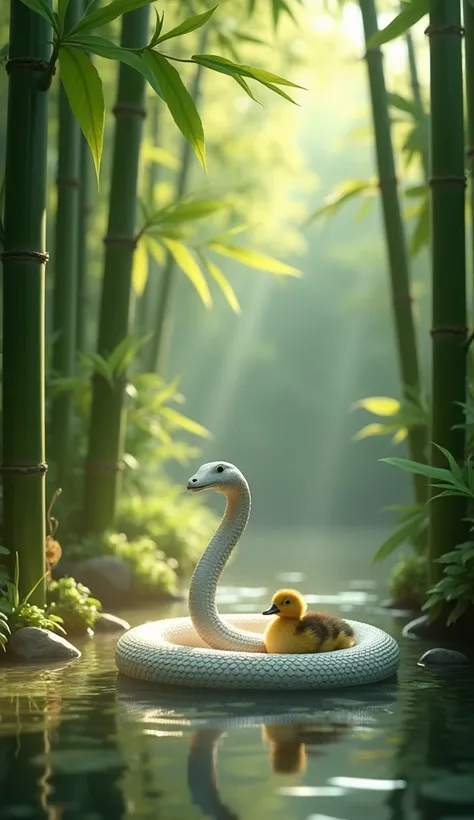 ((masterpiece,  top quality,  Highest image quality ,  high res, Realistic,  original photo,  extremely detailed unified CG 8K wallpaper)), In the bamboo forest ，一条长着Snakehead的白蛇，Snakehead，A little duck ，