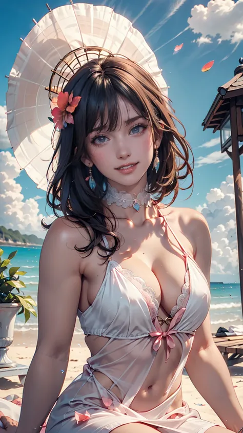   fashion trend, whole body: 1.6, Holding flowers,  random hairstyle , sit under a parasol, At the beach,  Beautiful and charming woman in tight slip dress random color  ,  hair fluttering in the wind, blue skyと白いcloud, Delicate and sexy collarbone, Cover ...