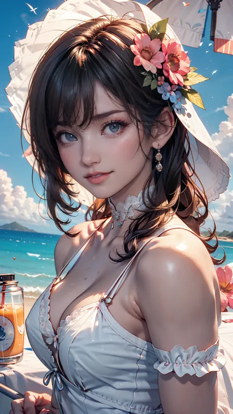   fashion trend, whole body: 1.6, Holding flowers,  random hairstyle , sit under a parasol, At the beach,  Beautiful and charming woman in tight slip dress random color  ,  hair fluttering in the wind, blue skyと白いcloud, Delicate and sexy collarbone, Cover ...