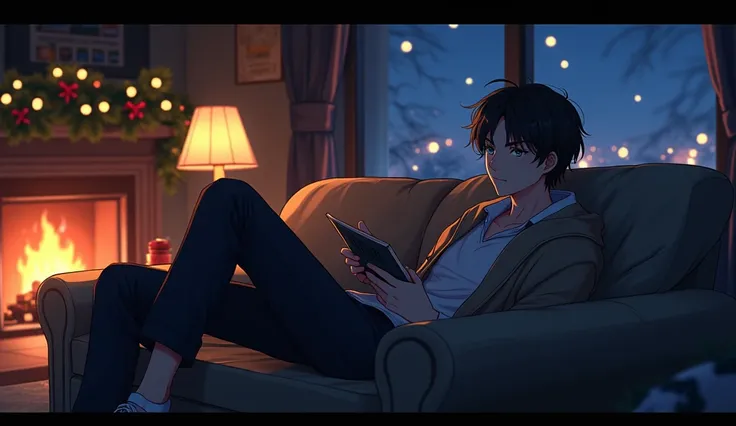  An anime man lounging on a cozy couch, Night crime ,  just the light of the fireplace and the lamp  , Christmas decoration, 