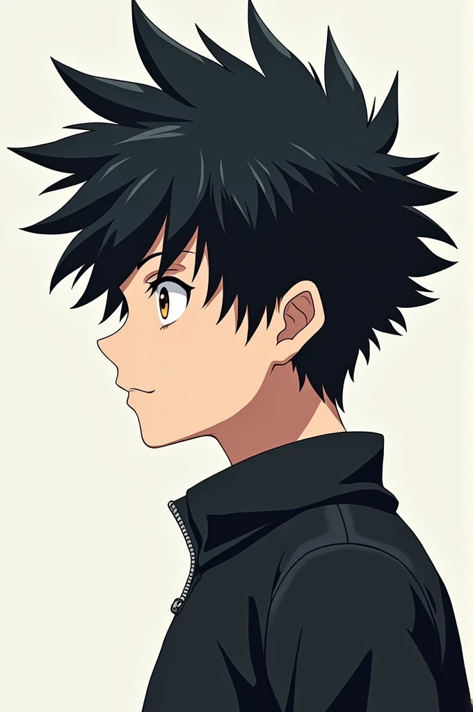 A profile picture of a 15-year-old boy with dark and short black clover-style anime hair 